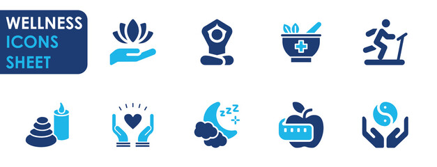 A set of wellness related icons. Flat solid color icon sets with wellness, spa, meditation, herbal medicine, exercise, balanced diet and so on. - obrazy, fototapety, plakaty