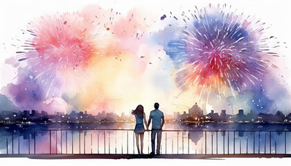 Fototapeta na wymiar A couple is standing on a pier, watching fireworks