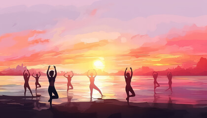 A group of people are doing yoga on a beach at sunset