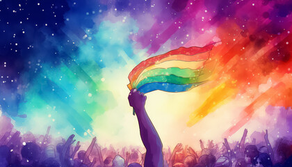 A rainbow flag is held by a person in a crowd of people - obrazy, fototapety, plakaty
