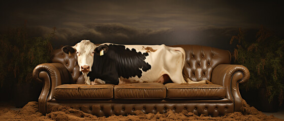 Strange picture of a farm spotted cow lies on a leather sofa