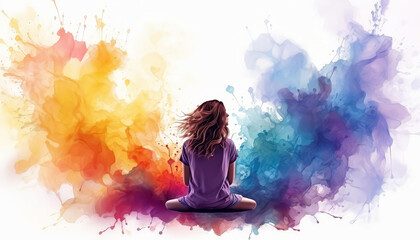 A woman is sitting on the floor in front of a colorful splash of paint