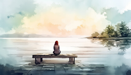 A woman sits on a dock by a lake, watching the sun set - obrazy, fototapety, plakaty