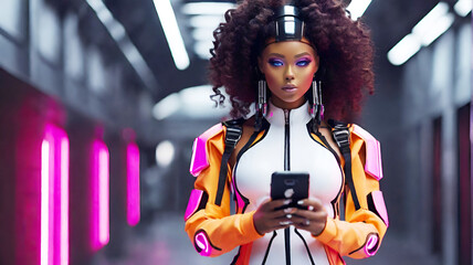Full body shot of a digital influencer using a cell phone, she is half robot and wears futuristic neon fashion clothes, Afrofuturism