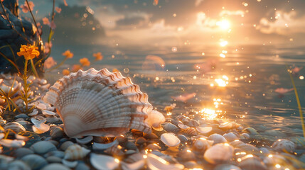 Ocean breeze, driftwood accents, seashell whispers, love's tide beckons. - obrazy, fototapety, plakaty
