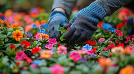 Person Wearing Gloves and Gardening Gloves Picking Flowers - obrazy, fototapety, plakaty