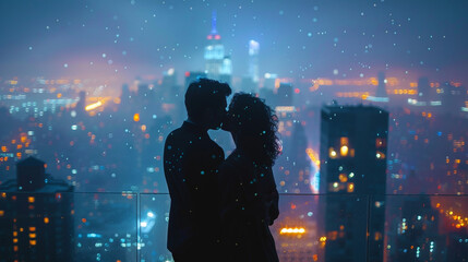 Rooftop romance, city lights, skyline kisses, urban dreams take flight.