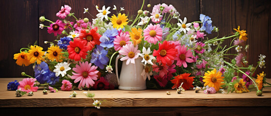 Fototapeta na wymiar Summer flowers on a wooden table ..