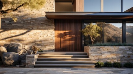 Contemporary house entryway featuring natural stone wall