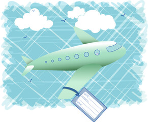 Illustration showing the concept of travel with a plane flying in the air with a luggage tag on the wing.