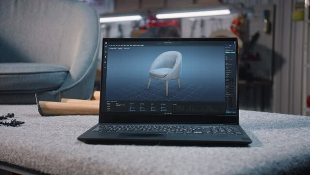 Digital 3D model of stylish wooden chair for carpentry project displayed on laptop computer screen. Professional ai software for furniture design. Carpenter working in the background in modern