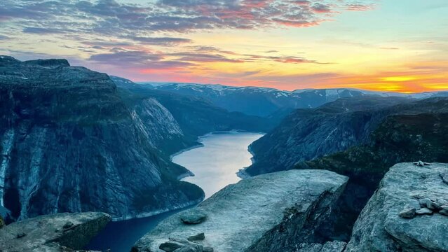 Trolltunga - View On Norway Mountain Landscape At Sunset From Trolltunga - The Troll's tongue in Odda, Ringedalsvatnet Lake, Norway