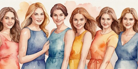 A watercolor illustration of group of women are standing in a row, each wearing a different colored dress. The colors range from pink to green, and the women are all smiling.
