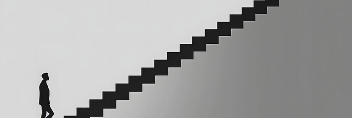 minimalistic art, success wallpaper, man is going upstairs a long stair,  - obrazy, fototapety, plakaty