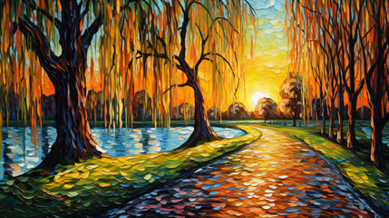 Sunset in the park. Oil painting of weeping willows 
