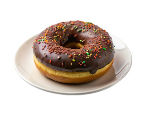 Chocolate donut with sprinkles on white plate. isolated on transparent background.