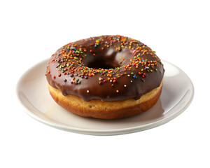 Chocolate donut with sprinkles on white plate. isolated on transparent background.