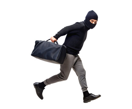thief in action, armed and carrying a bag