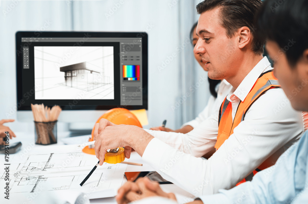 Poster diverse group of civil engineer and client working together on architectural project, reviewing cons