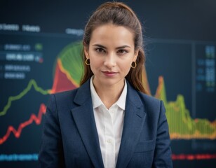 A woman in a business suit stands in front of a large screen with graphs and charts. She is focused and serious, possibly preparing for a presentation or meeting