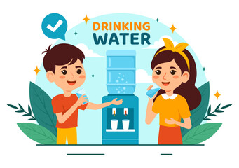 People Drinking Water From Plastic Bottles and Glasses with Pure Clean Fresh Concept in Flat Kids Cartoon Vector Illustration