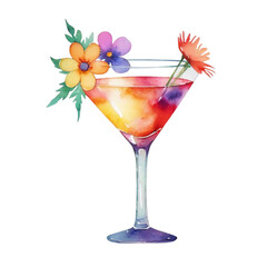 a watercolor glass of cocktail with flowers on Isolated transparent background png. generated with AI