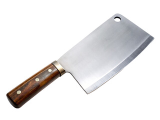 Metal meat cleaver with wooden handle isolated on transparent background.