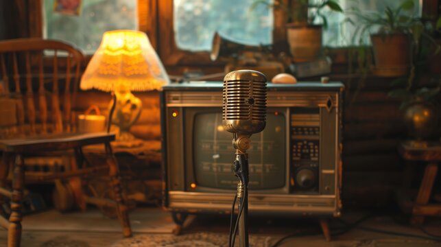 Retro microphone in cozy room with old radio