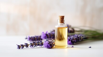 A glass bottle of lavender essential oil with fresh lavender flowers, an aromatherapy spa massage concept. Alternative medicine. Aromatherapy.