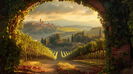 Tuscan vineyard, grapevine arches, wine-soaked kisses, amore's embrace.