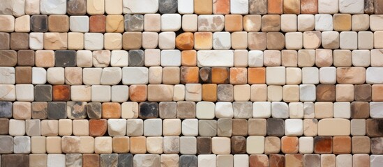 A closeup of a rectangular mosaic made of brown and beige squares on a wall, resembling wood and brickwork. An artistic display of building materials