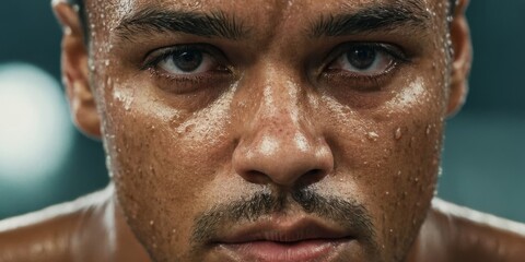 A man with a wet face. He is looking at the camera. Concept of determination and focus