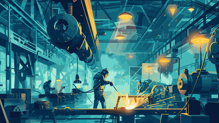 illustration of an industrial welding scene inside a modern factory with  worker in protective gear skillfully