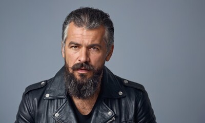 A man with a beard and long hair is wearing a leather jacket. He looks serious and focused