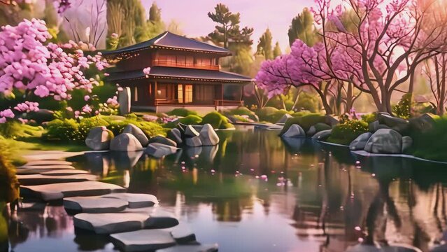 Japanese Cherry Blossom Garden in Spring, Generative AI