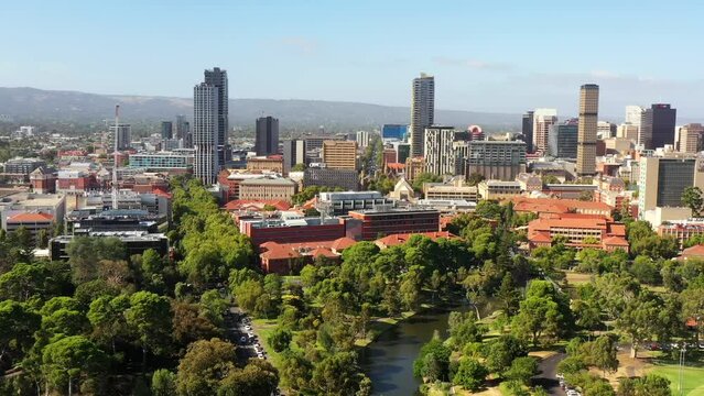 Wide aerial panorama of Adelaide city CBD downtown in South Australia as 4k.
