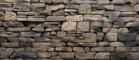 A close up of a stone wall constructed with a variety of rocks including brick, cobblestone, flagstone, and composite materials. The wall features a mix of textures and earthy tones like beige