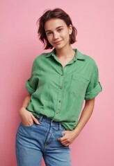 A woman in a green shirt and blue jeans is standing with her arms crossed and smiling. She is confident and happy