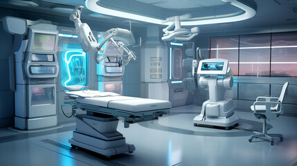 Hospital recovery room with modern technology 3D Rendering of a Robots in Surgery Room full of Patient Care Facilities
