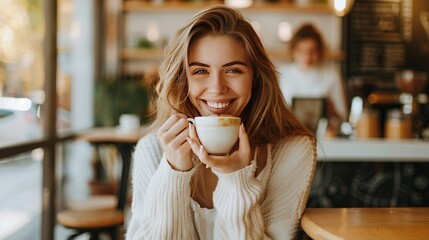Minimalist aesthetic reminiscent of Scandinavian design, a serene coffee shop with clean lines, a young woman savors her cappuccino with a genuine smile - obrazy, fototapety, plakaty