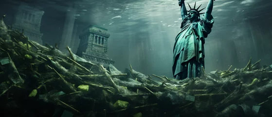 Glasschilderij Vrijheidsbeeld The Statue of Liberty is under water after the sea ..