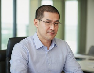 Young asian businessman sitting in his office. He is wearing in shirt and glasses