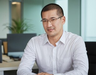 Young asian businessman sitting in his office. He is wearing in shirt and glasses