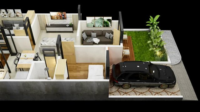 3d rendering floor plan of a house top view. minimalist house 84 square meters with 2 bedrooms