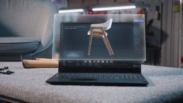 Digital 3D model of stylish wooden chair for carpentry project displayed on laptop computer screen. Holographic virtual display of professional ai software for furniture design creation and 3D