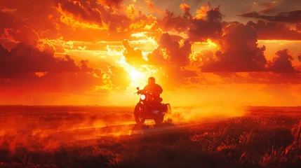 Zelfklevend Fotobehang Motorcyclist riding into a breathtaking sunset over the fields. © pixcel3d