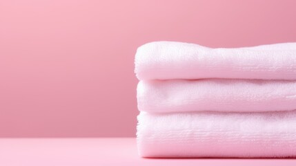 Obraz na płótnie Canvas White cotton towels on a pink background. Bathroom decor and accessories.