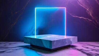 Neon Glow: Square Product Display Illuminated by Neon Light on Marble