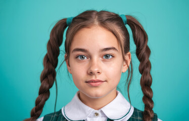 A young girl with long pigtails over green background