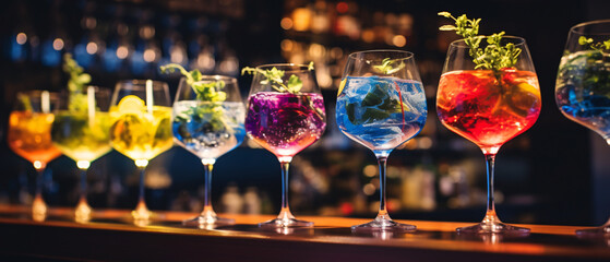 Tree colorful gin tonic cocktails in glasses on bar .. - obrazy, fototapety, plakaty